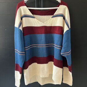Woman's Stripped V- Neck Knit Sweater Size 2XL